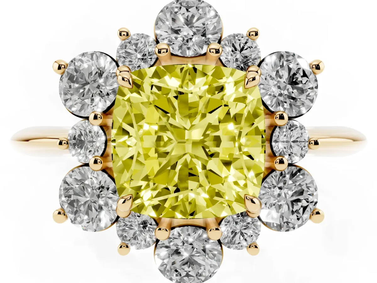 Fancy Yellow Cushion Cut Diamond Cluster Halo Ring with Solitaire Band and Four-Prong Setting Yellow gold