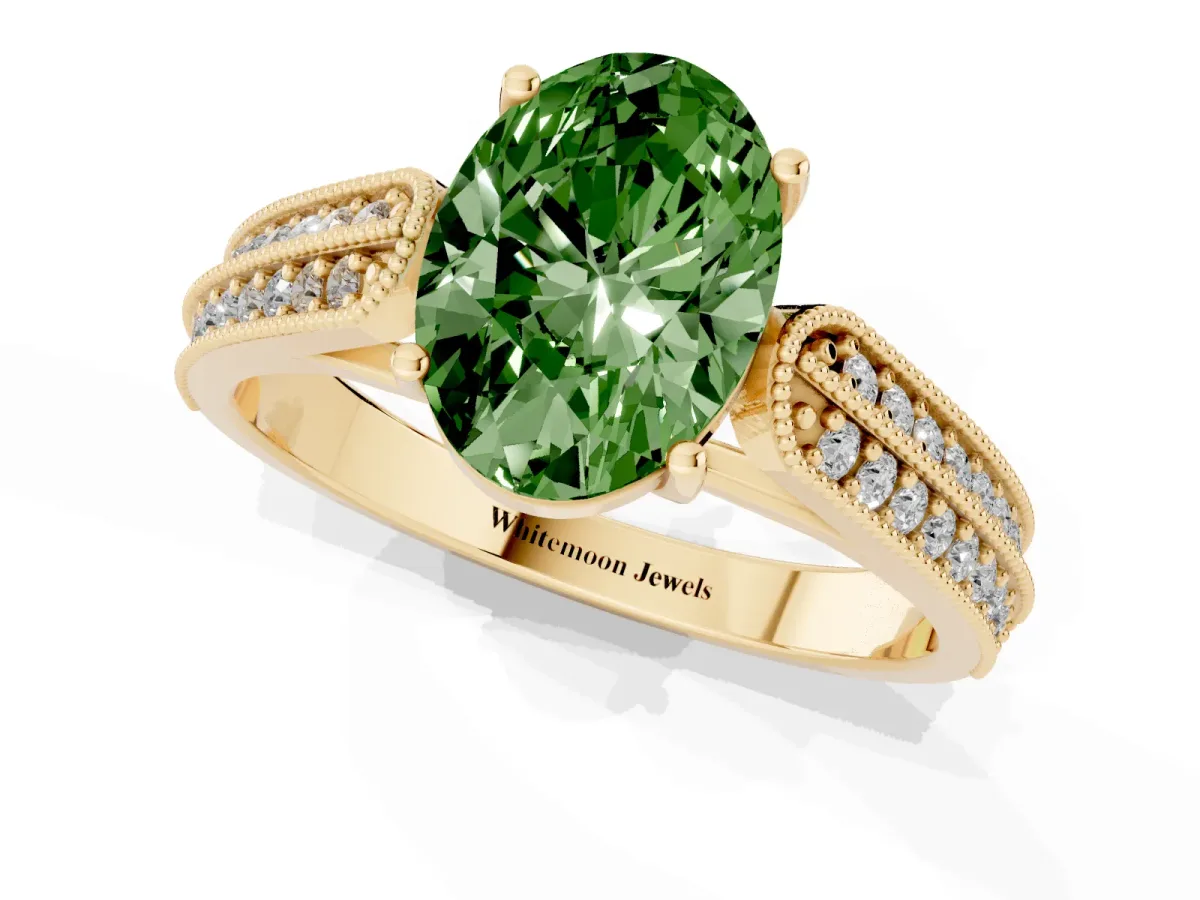Fancy Green Oval Cut Cut Pave Split Shank Engagement Ring with Four-Prong Setting Yellow gold