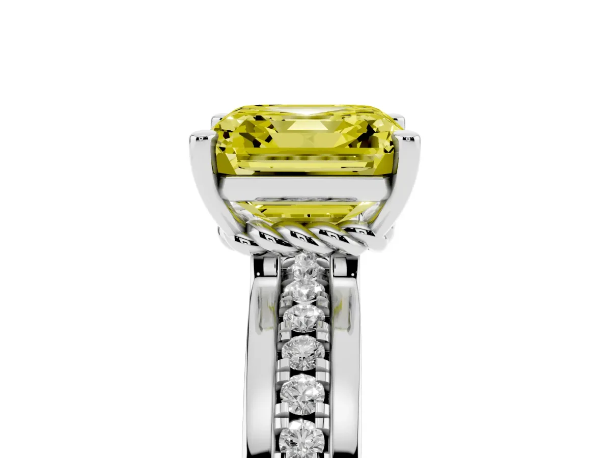 Fancy Yellow Asscher Cut Solitaire Diamond Ring with Channel Set Band and Six-Prong Setting White gold