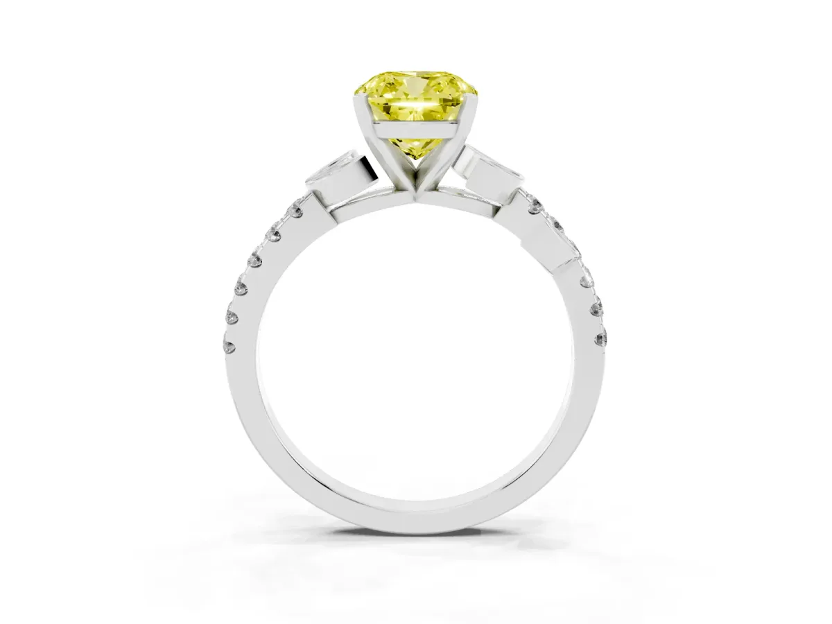 Fancy Yellow Cushion Cut Solitaire Leaf-Inspired Diamond Ring with Pavé Band and Four-Prong Setting Silver