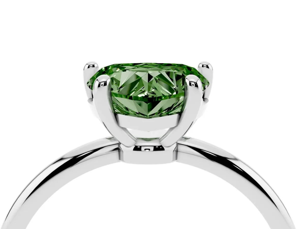 Fancy Green Heart Cut Solitaire Diamond Ring with 4-Prong Setting on a Classic Band Silver