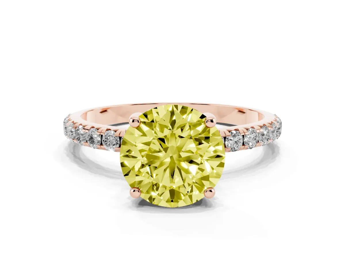 Fancy Yellow Round Cut Cut Diamond Solitaire Ring with Micro Pave Band and Four Prong Setting Rose gold