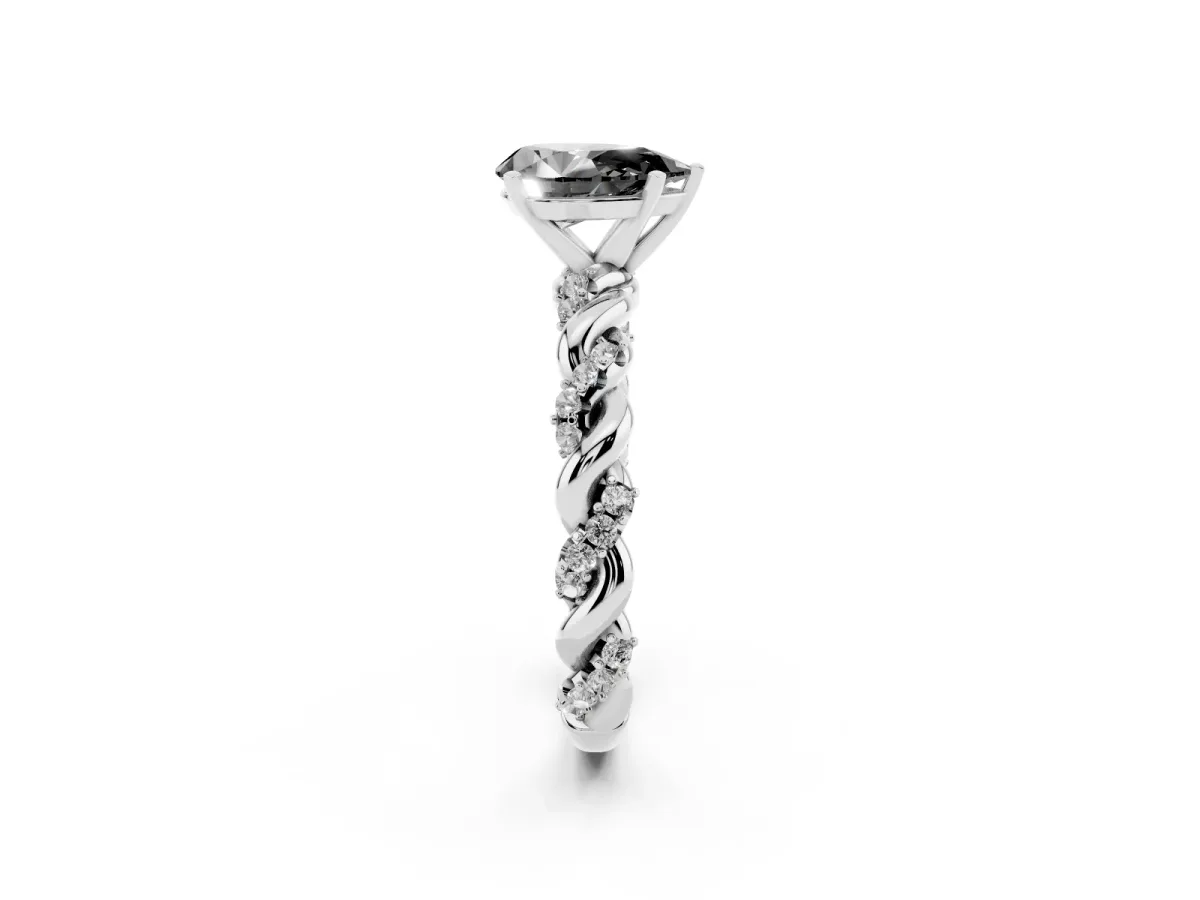 Fancy Black Pear Cut Diamond Solitaire Ring with Twisted Band and Pavé Accents Silver