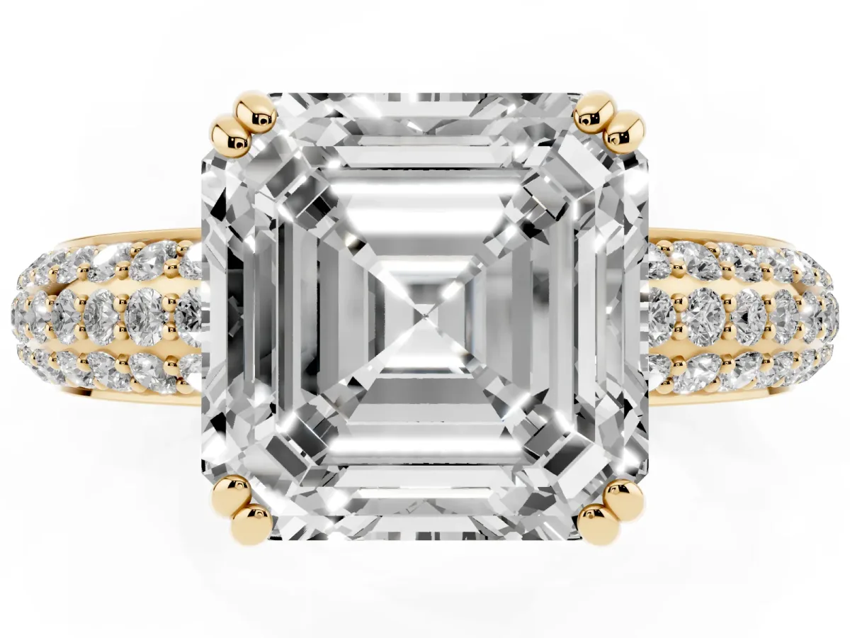Asscher Cut Diamond Solitaire Ring with Multi-Row Round Pavé Band and Prong Setting Yellow gold