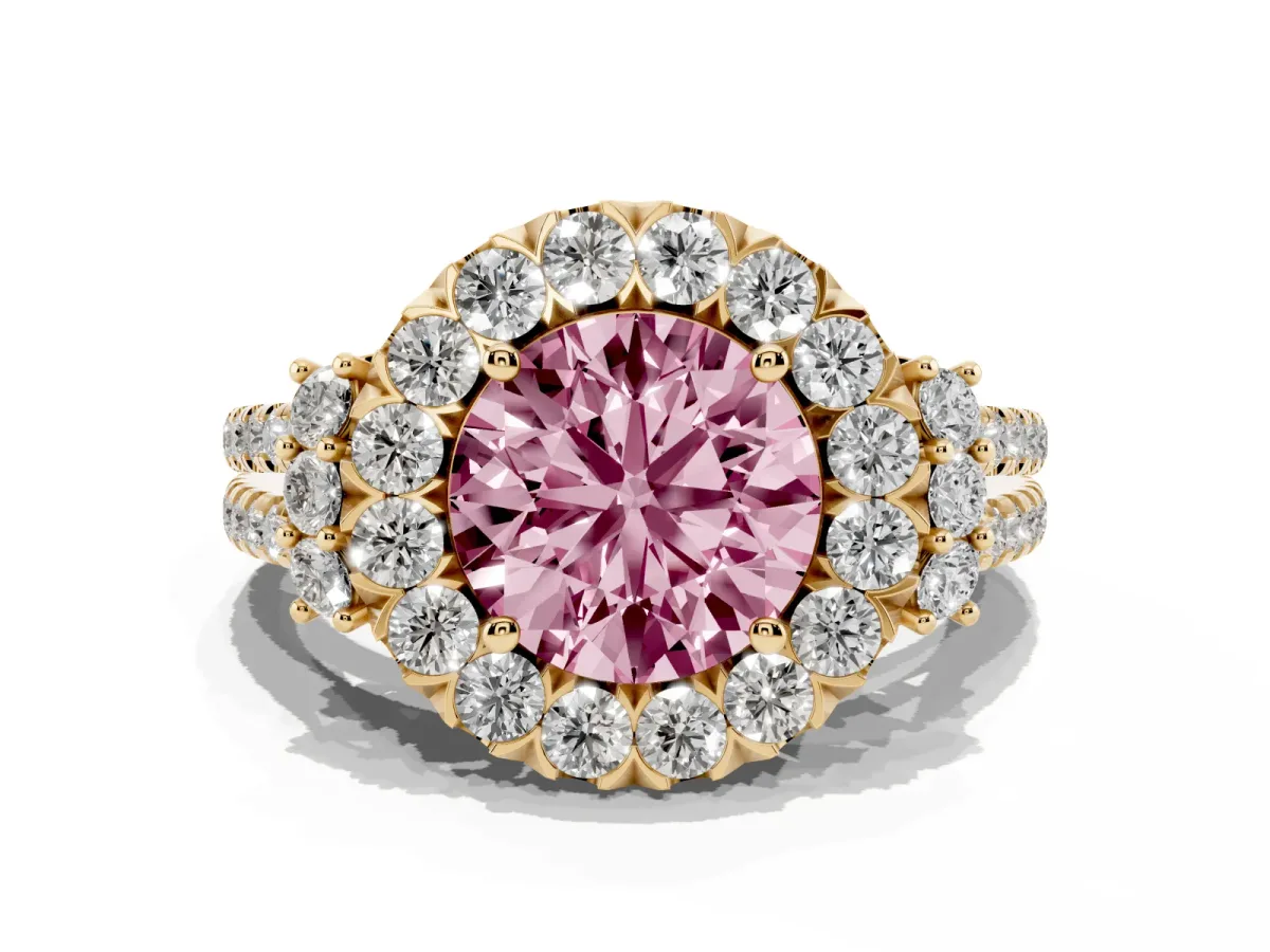 Fancy Pink Round Cut Cut Double Halo Diamond Engagement Ring with Pave Band and Four-Prong Setting Yellow gold