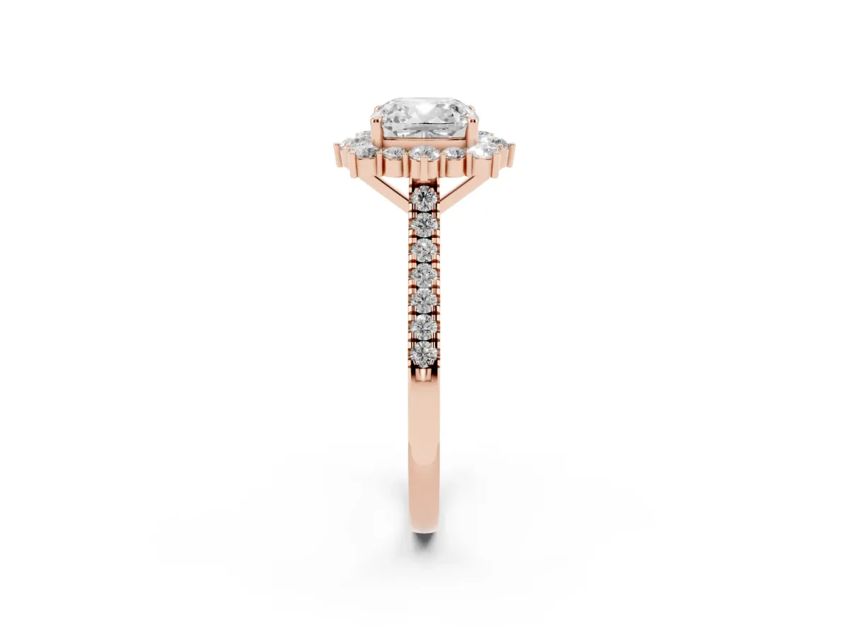 Cushion Cut Halo Diamond Ring with Pavé Band and Prong Setting Rose gold