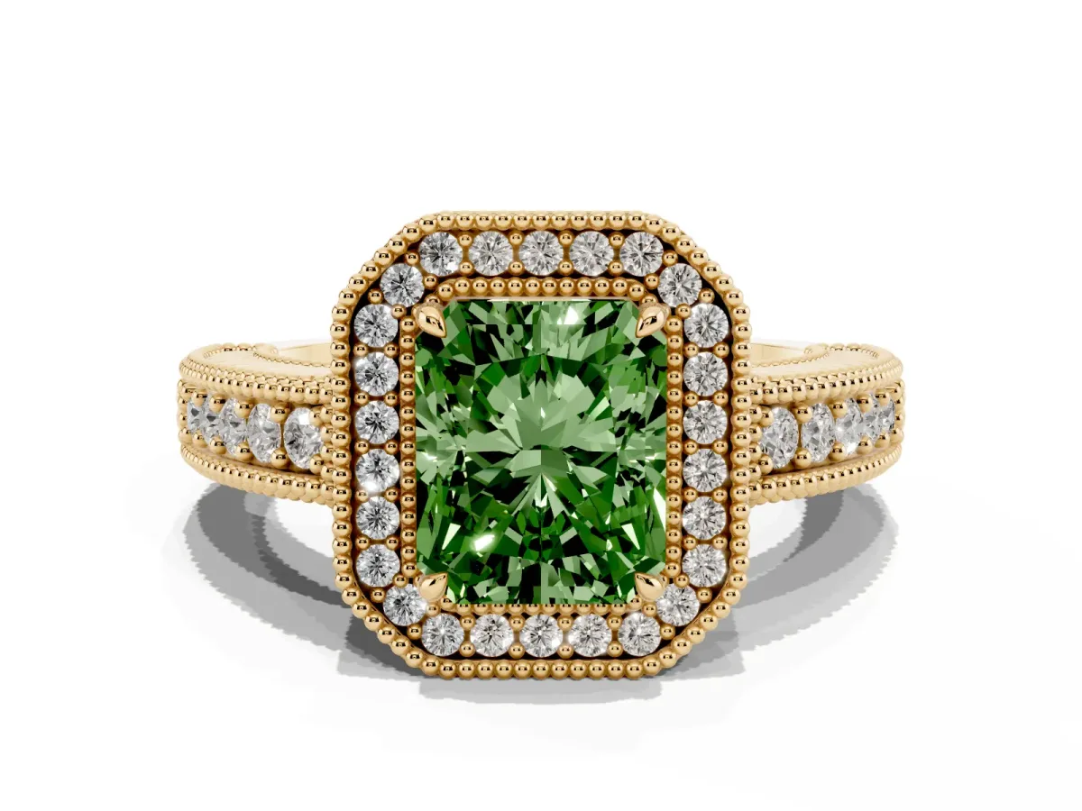 Fancy Green Radiant Cut Cut Halo Diamond Ring with Pavé Band and Four-Prong Setting Yellow gold