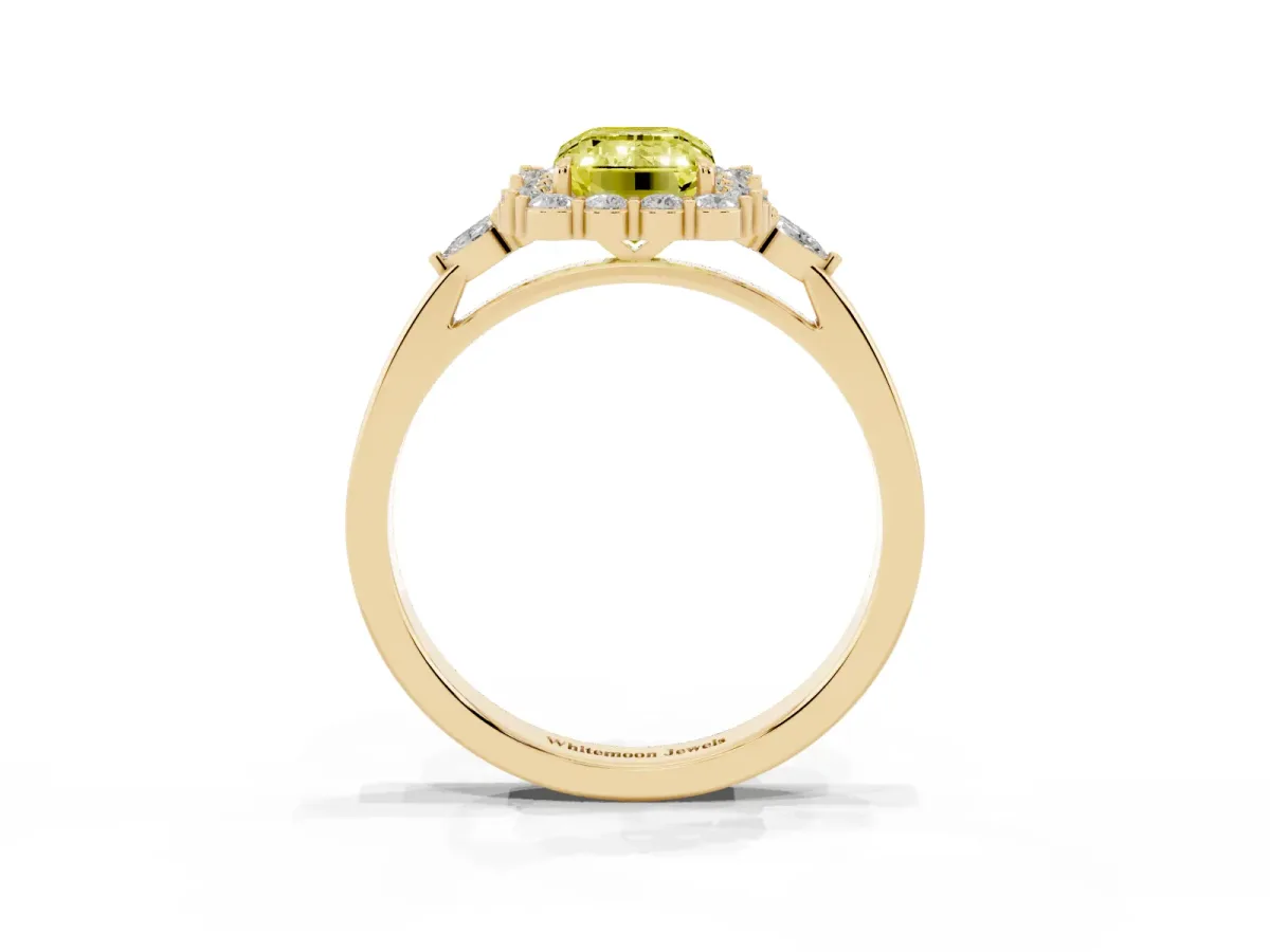 Fancy Yellow Emerald Cut Diamond Halo Ring with Pear Side Stones and Prong Setting Yellow gold