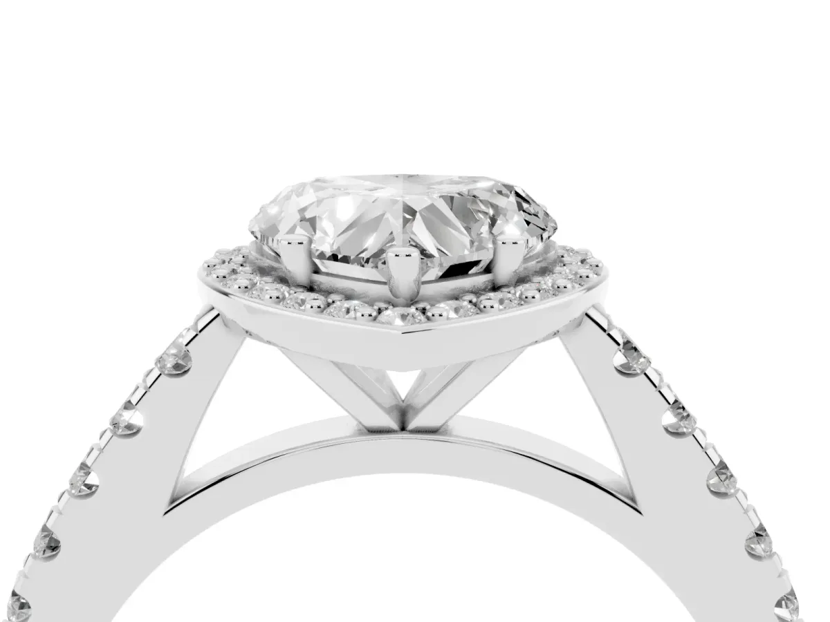 Heart Cut Cut Halo Diamond Engagement Ring with Pave Band and Four-Prong Setting White gold