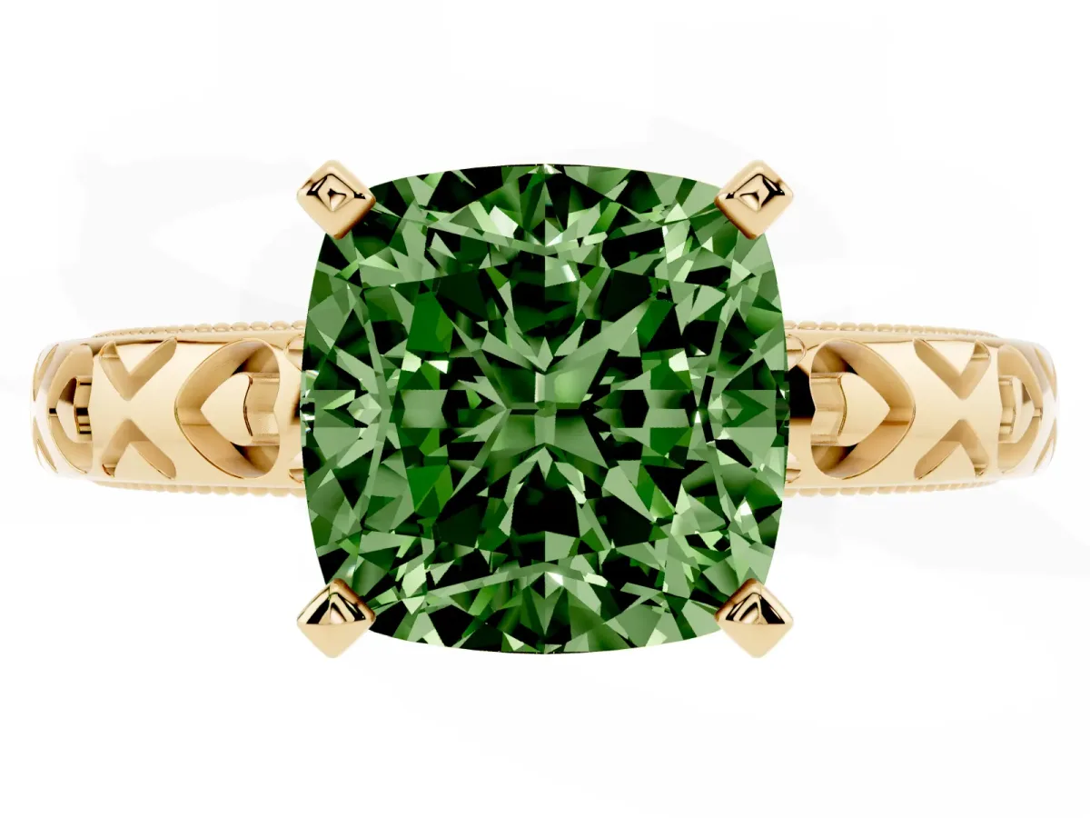 Fancy Green Cushion Cut Solitaire Diamond Engagement Ring with XO Engraved Band and Four-Prong Setting Yellow gold