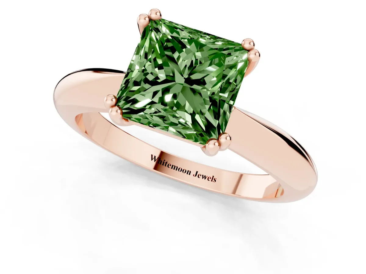 Fancy Green Princess Cut Cut Solitaire Engagement Ring with Tapered Band and Four-Prong Setting Rose gold