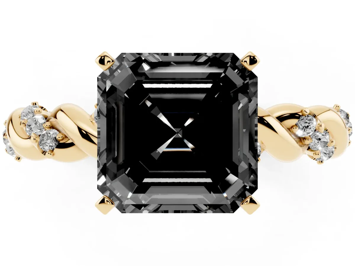 Fancy Black Asscher Cut Diamond Solitaire Ring with Twisted Band and Pavé Accents Yellow gold