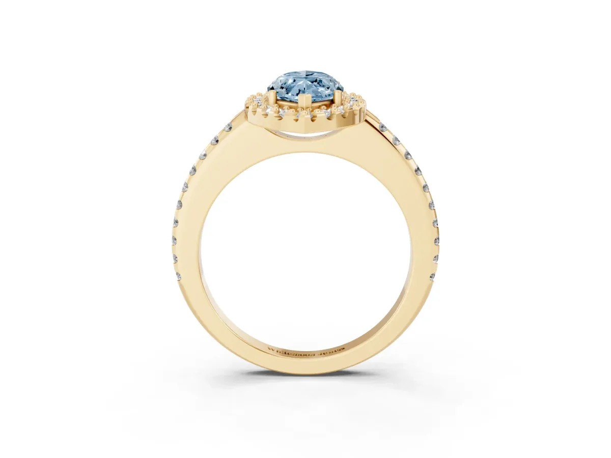 Fancy Blue Marquise Cut Diamond Pavé Halo Ring with Four-Prong Setting Yellow gold