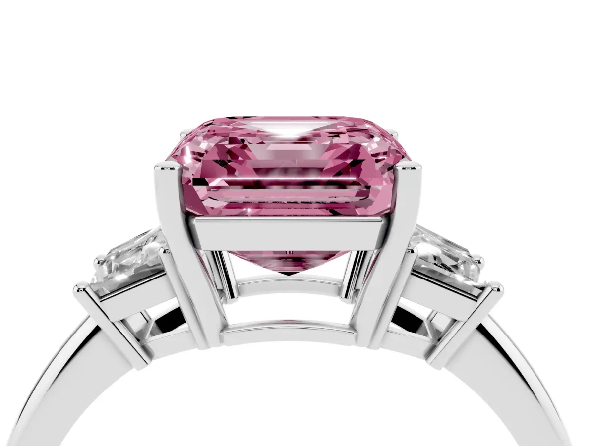 Fancy Pink Asscher Cut Diamond Three-Stone Ring with Trapezoid Side Stones and Prong Setting Silver