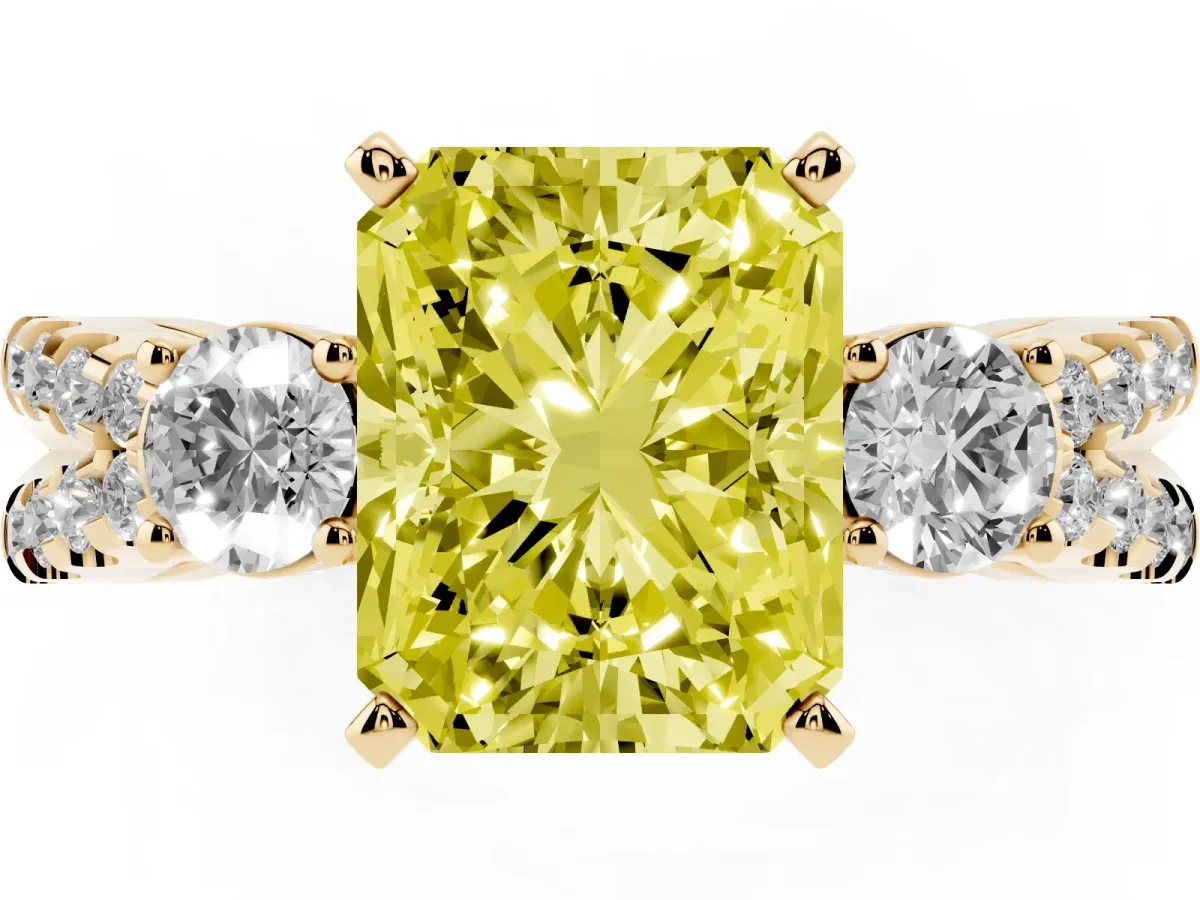 Fancy Yellow Radiant Cut Diamond Three-Stone Ring with Pavé Split Shank and Four-Prong Setting Yellow gold