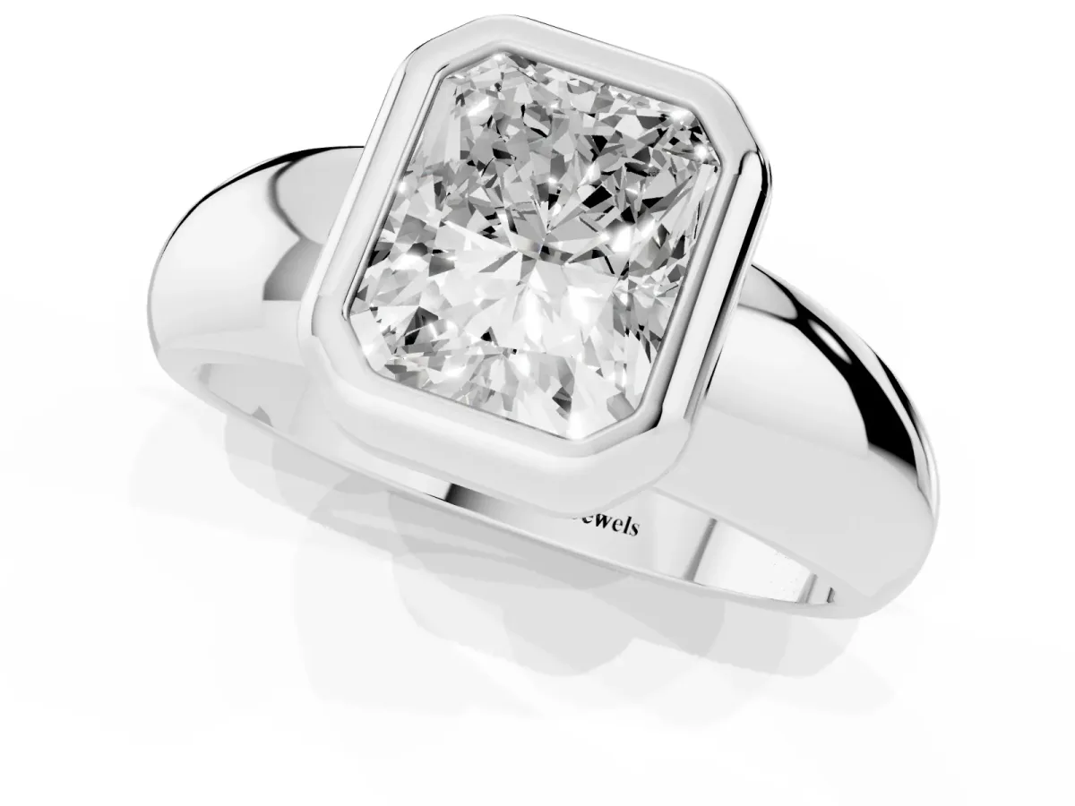 Bezel Set Radiant Cut Solitaire Ring with Wide Band Platinum