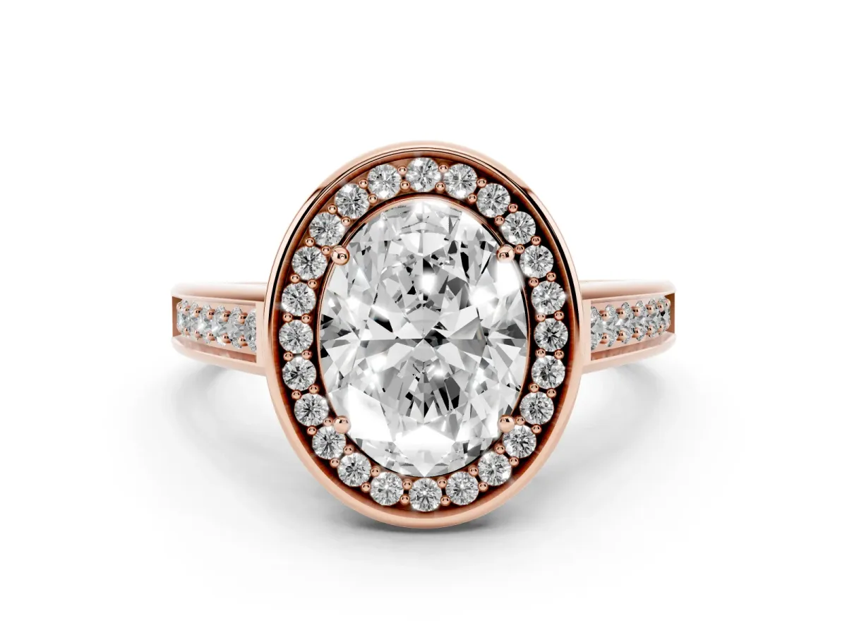 Oval Cut Halo Solitaire Diamond Ring with Pave Band and Bezel Setting Rose gold