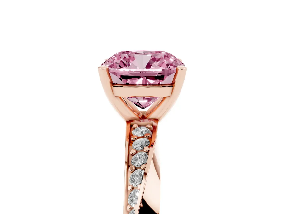 Fancy Pink Cushion Cut Diamond Engagement Ring with Side Stone Accents and Four-Prong Setting Rose gold