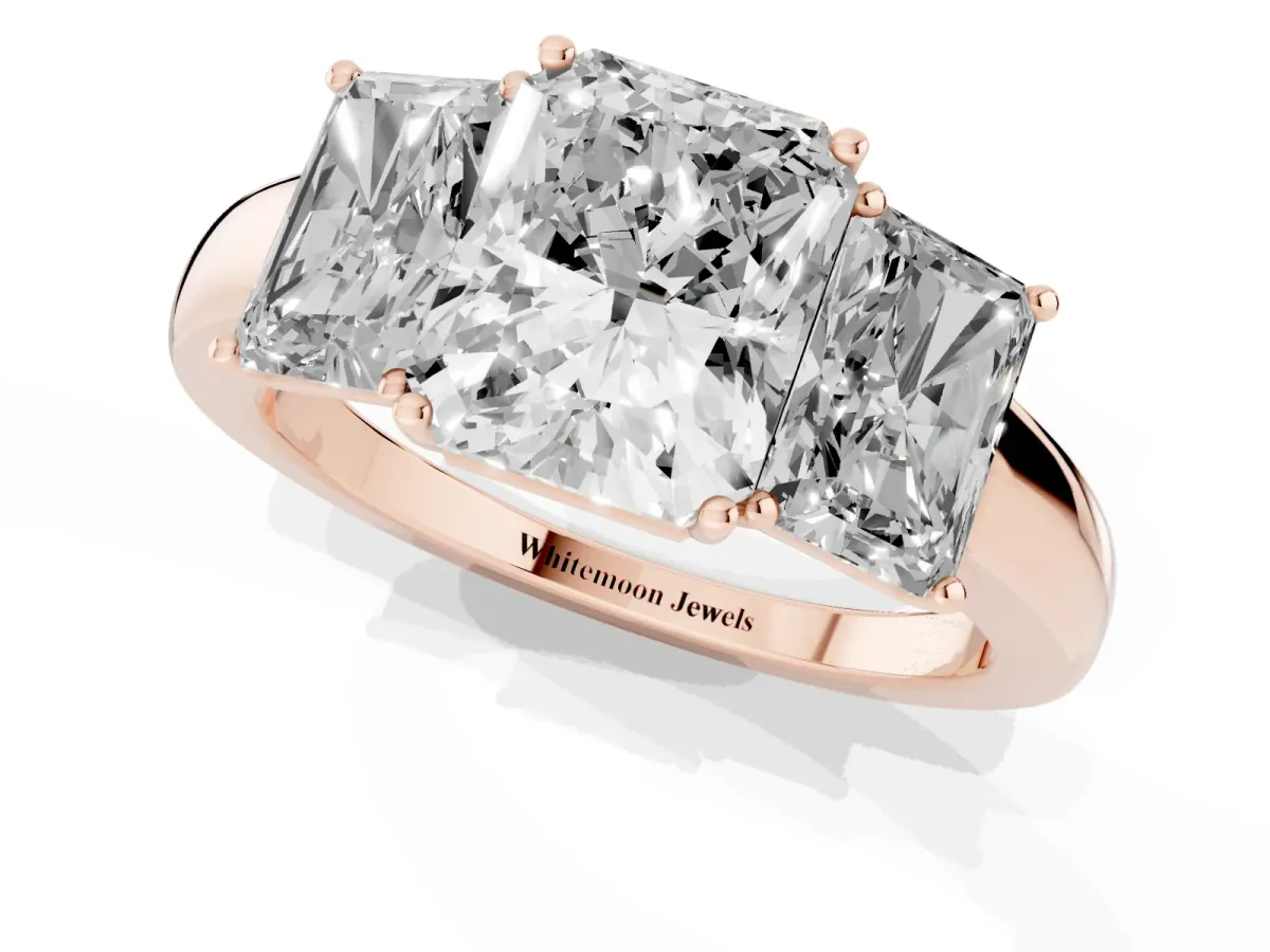 Radiant Cut Diamond Three-Stone Ring with Four-Prong Setting and Classic Band Rose gold