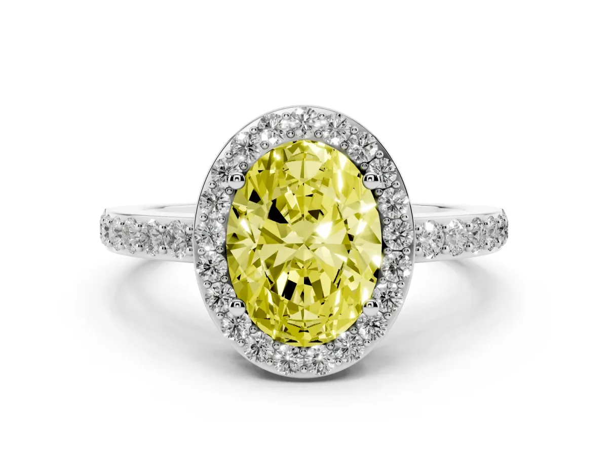 Fancy Yellow Oval Cut Halo Diamond Pavé Band Ring with Prong Setting Silver