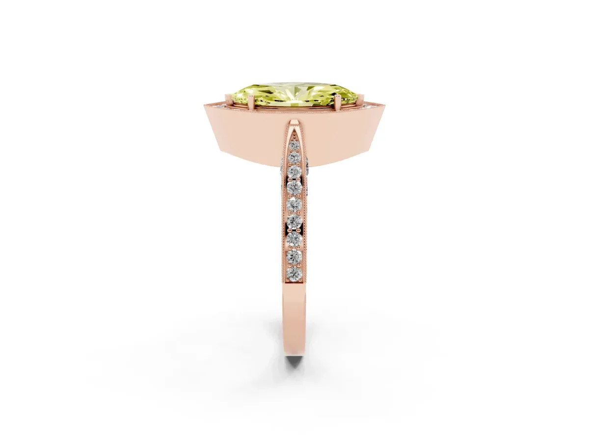Fancy Yellow Marquise Cut Halo Diamond Engagement Ring with Split Shank Band and Four-Prong Setting Rose gold