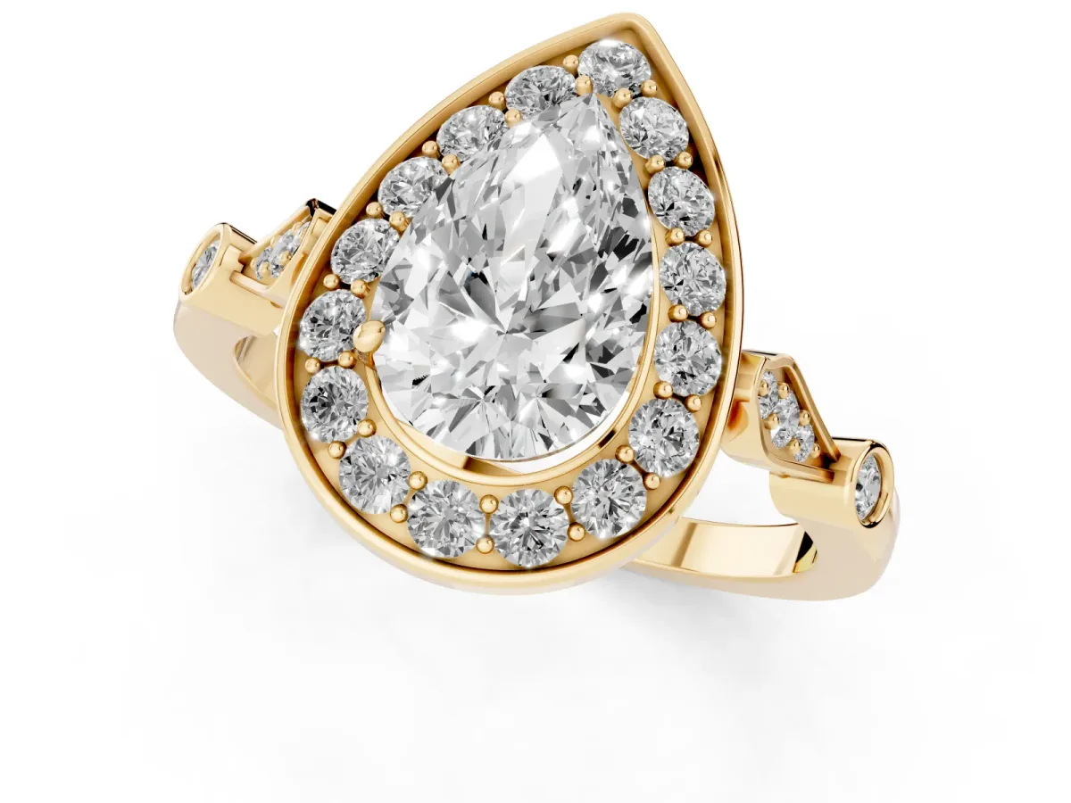 Pear Cut Halo Diamond Engagement Ring with Twisted Band and Four-Prong Setting Yellow gold