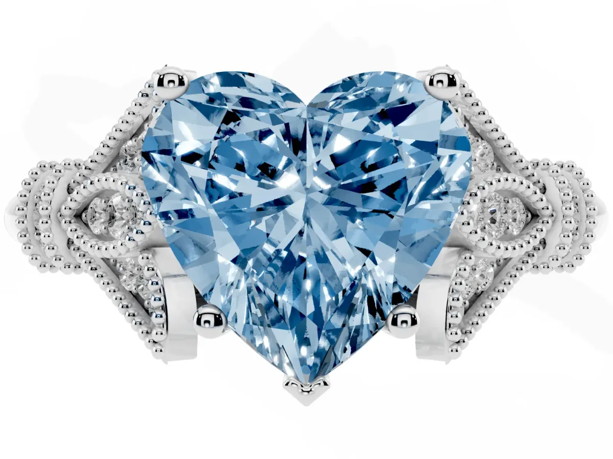 Fancy Blue Heart Cut Diamond Solitaire Ring with Floral Filigree and Pave Accents Silver