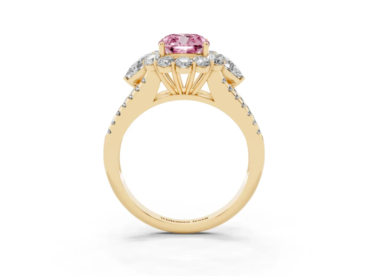 Fancy Pink Cushion Cut Halo Split Shank Diamond Engagement Ring with Prong Setting Yellow gold
