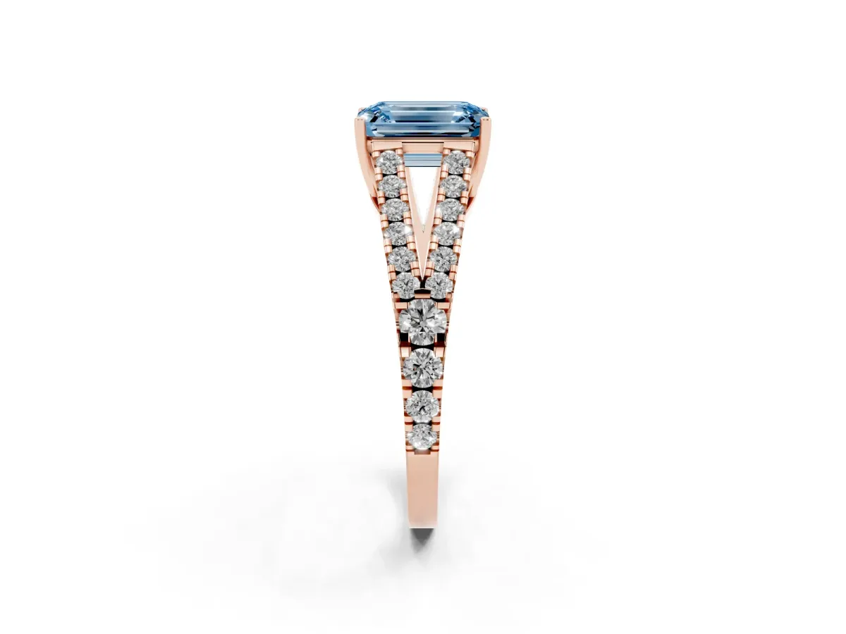 Fancy Blue Emerald Cut Diamond Split Shank Engagement Ring with Round Pavé and Prong Setting Rose gold