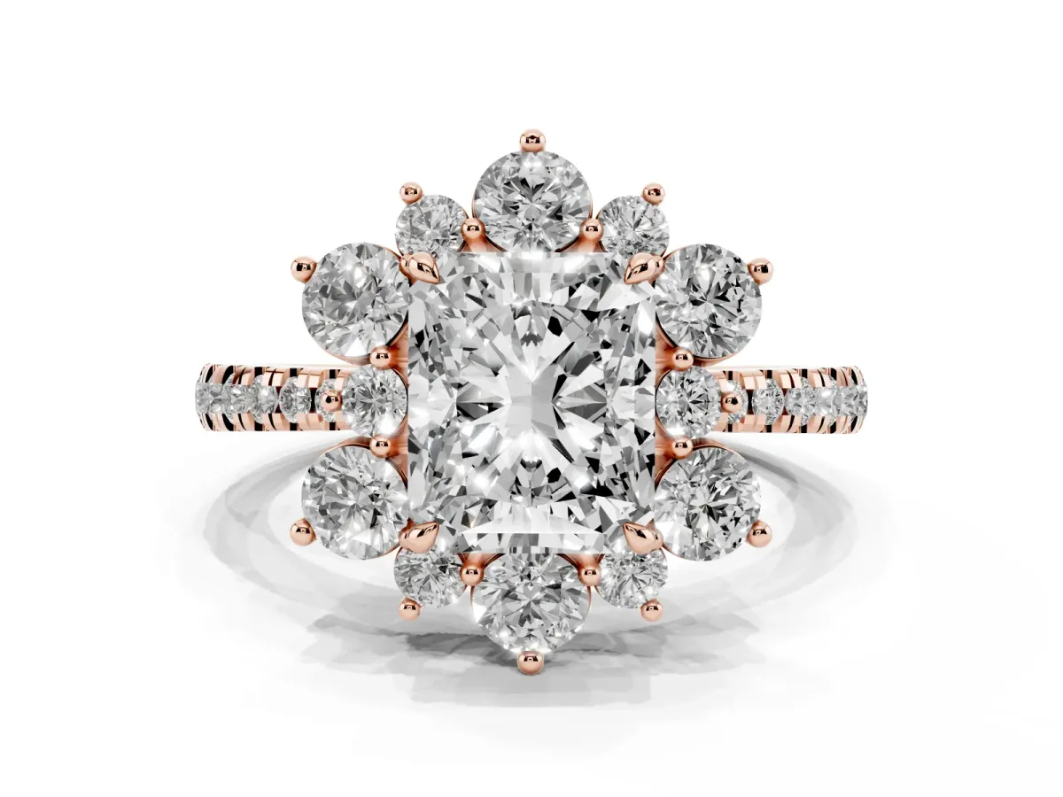Radiant Cut Diamond Floral Halo Ring with Round Pavé Band and Prong Setting Rose gold