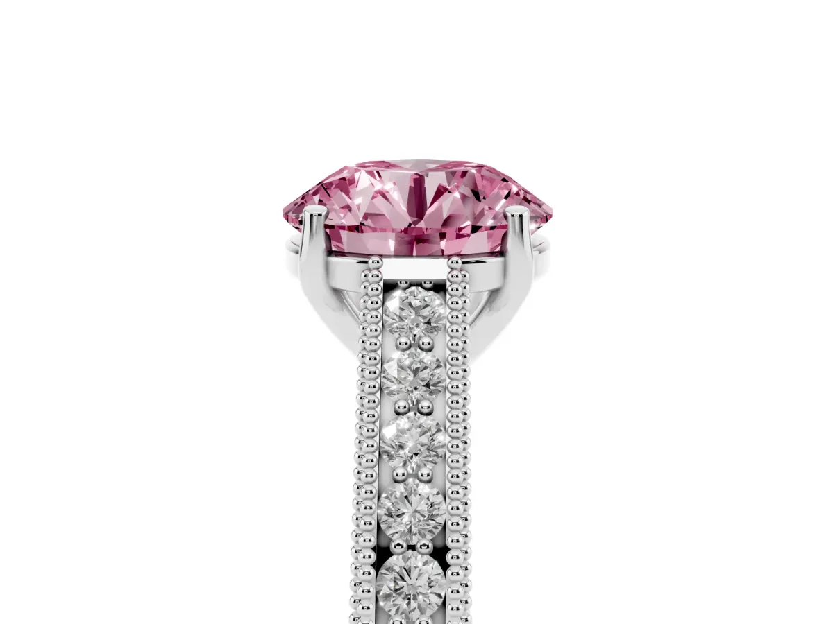 Fancy Pink Round Cut Cut Pave Band Milgrain Solitaire Ring Silver