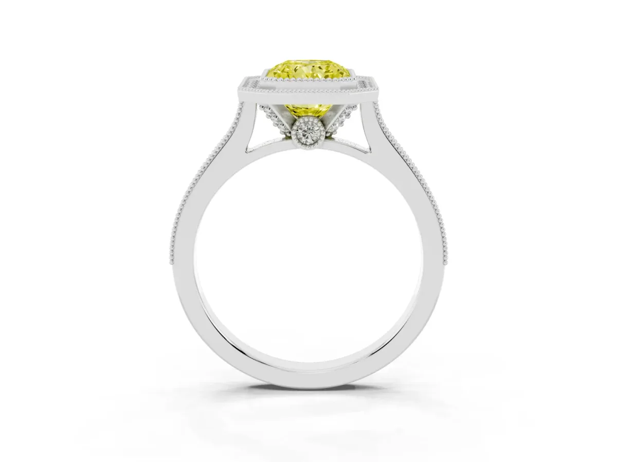 Fancy Yellow Halo Radiant Cut-Cut Diamond Pave Band Milgrain Prong Setting Ring Platinum