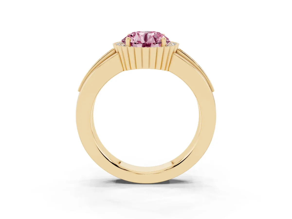 Fancy Pink Round Cut Cut Halo Pave Band Four-Prong Ring Yellow gold
