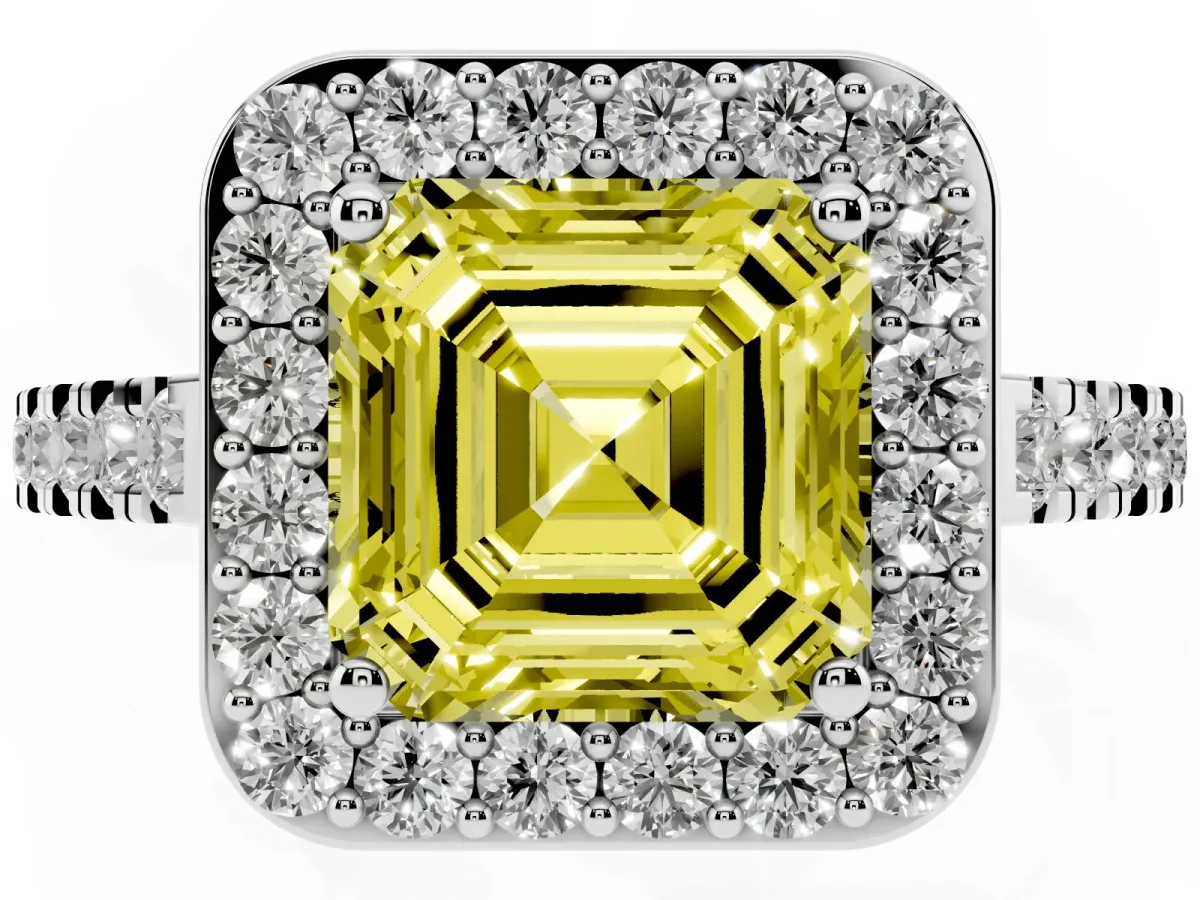 Fancy Yellow Asscher Cut Diamond Halo Ring with Round Pavé Split Shank and Prong Setting Silver
