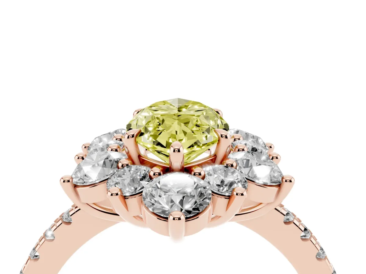Fancy Yellow Marquise Cut Diamond Floral Halo Ring with Round Pavé Band and Prong Setting Rose gold