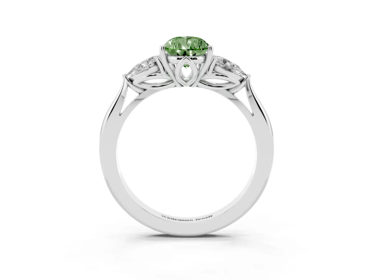 Fancy Green Pear Cut Diamond Three-Stone Ring with Pear Side Stones and Prong Setting Platinum