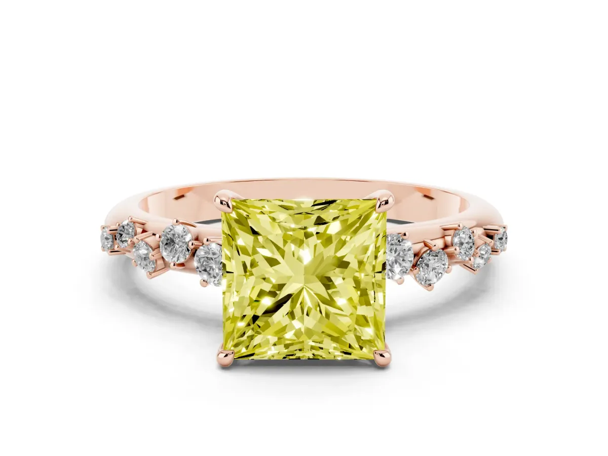 Fancy Yellow Princess Cut Diamond Cluster Prong-Set Solitaire Ring Rose gold