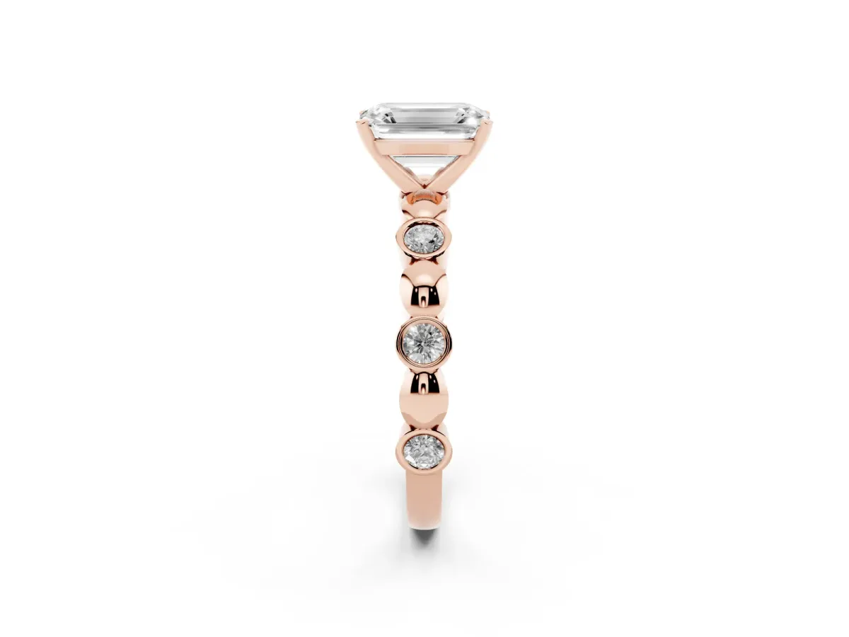 Emerald Cut Solitaire Bezel-Set Diamond Ring with Beaded Band and Four-Prong Setting Rose gold