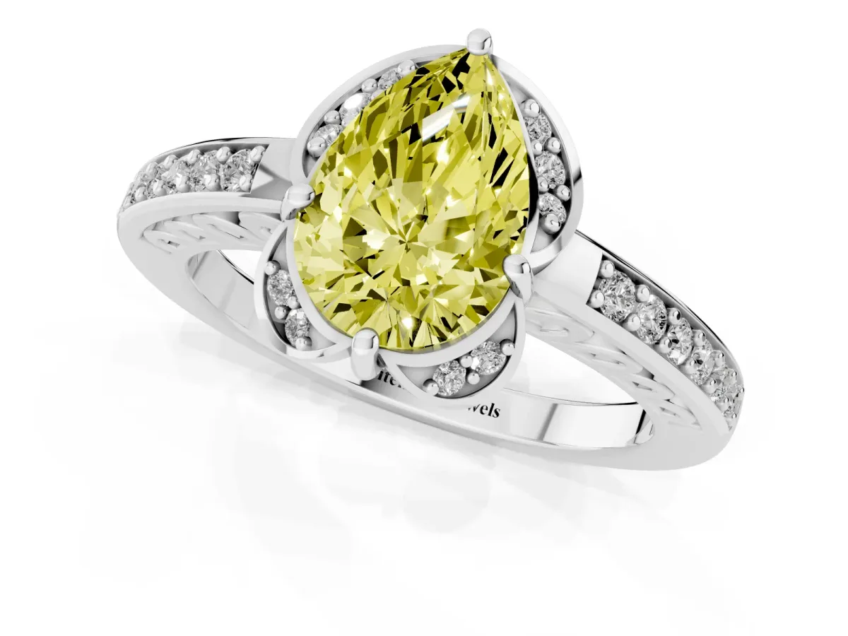Fancy Yellow Pear Cut Cut Halo Diamond Ring with Channel Set Band and Four-Prong Setting White gold