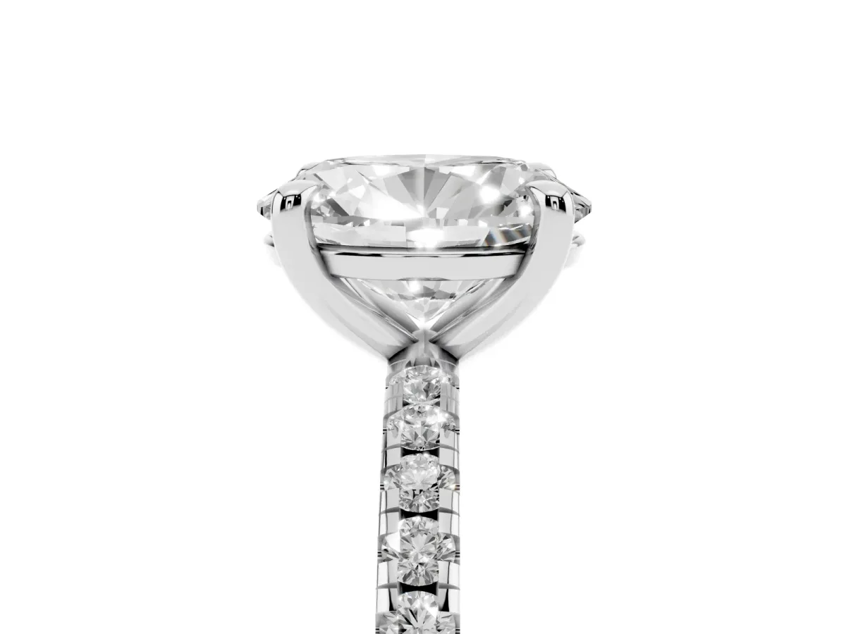 Oval Cut Diamond Brilliant Solitaire Ring with Pavé Band and Four-Prong Setting Silver