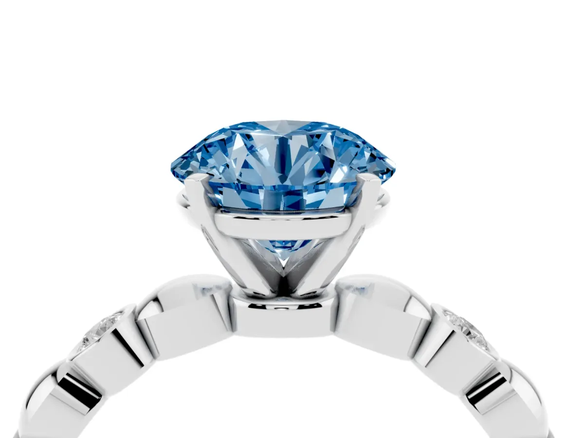 Fancy Blue Round Cut Solitaire Bezel-Set Diamond Ring with Beaded Band and Four-Prong Setting Silver