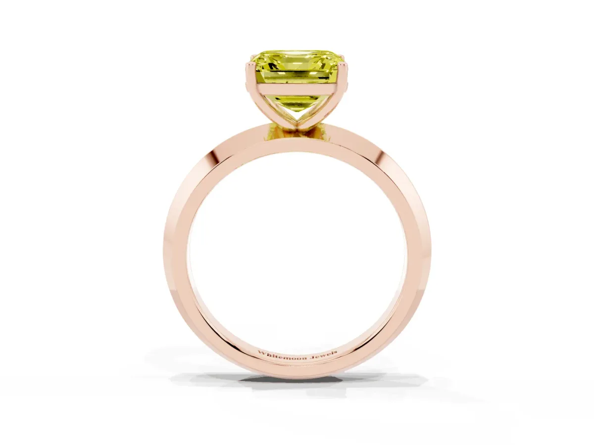 Fancy Yellow Asscher Cut Cut Solitaire Engagement Ring with Flat Band and Four-Prong Setting Rose gold
