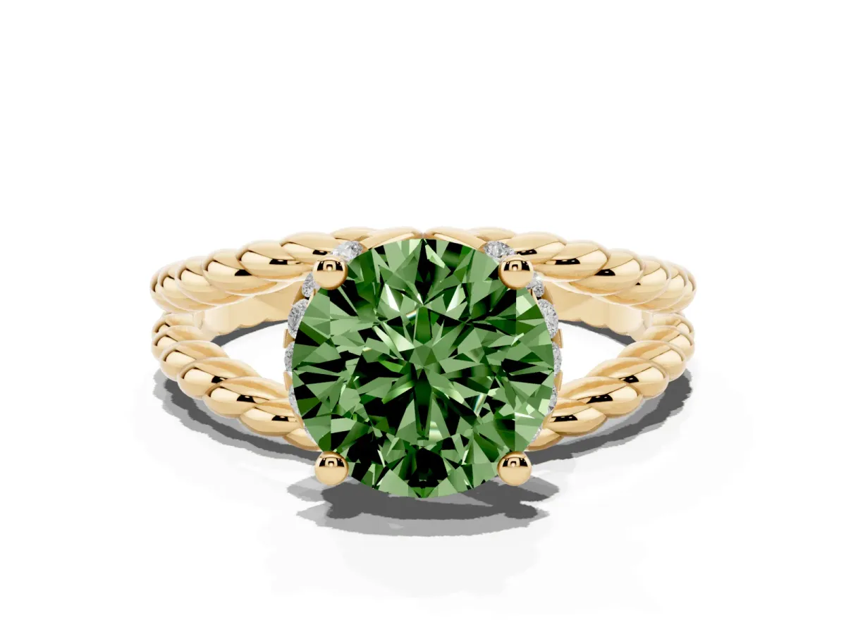 Fancy Green Round Cut Halo Twisted Band Four-Prong Ring Yellow gold