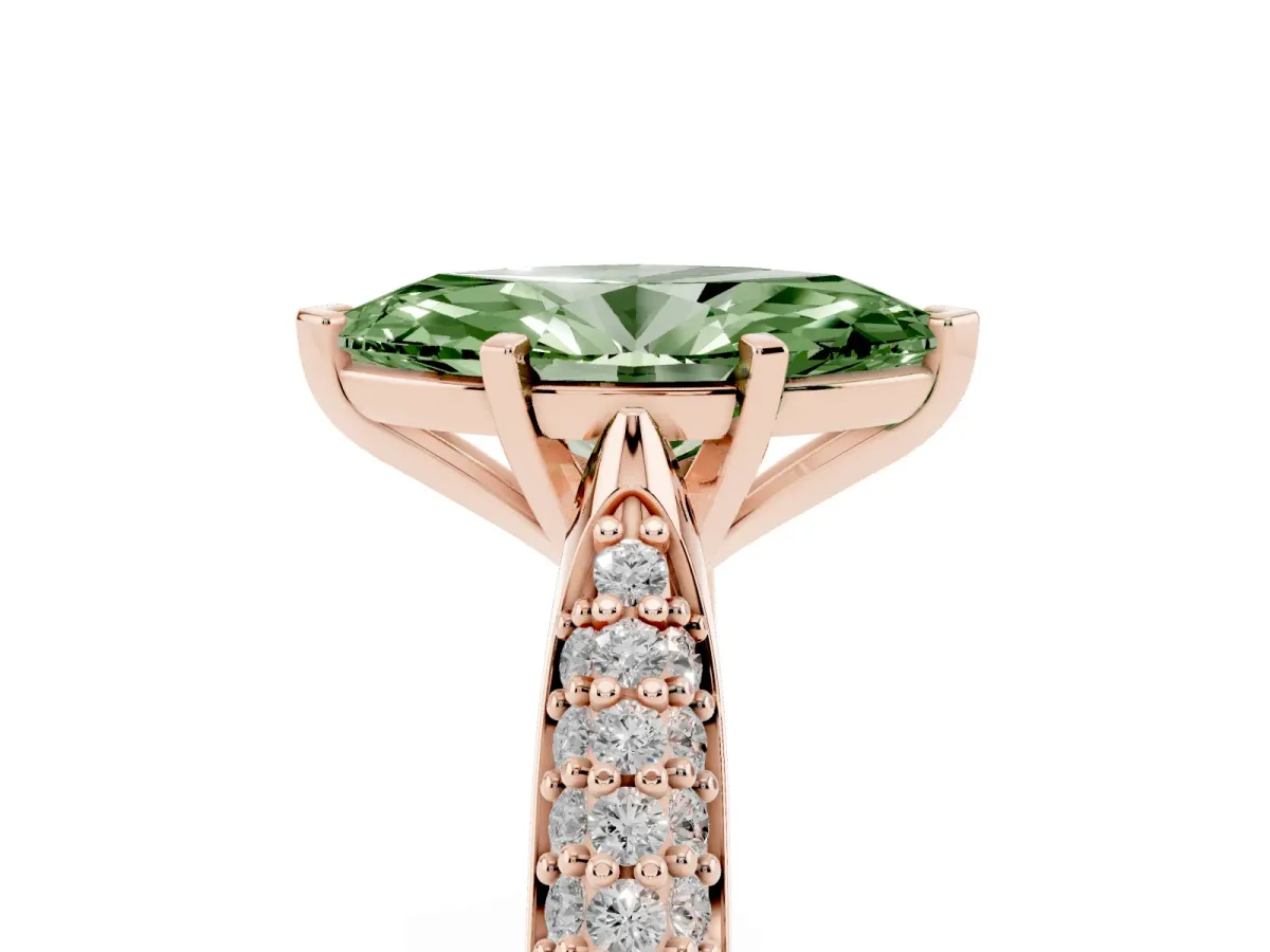 Fancy Green Marquise Cut Diamond Solitaire Engagement Ring with Multi-Row Round Pavé Band and Prong Setting Rose gold