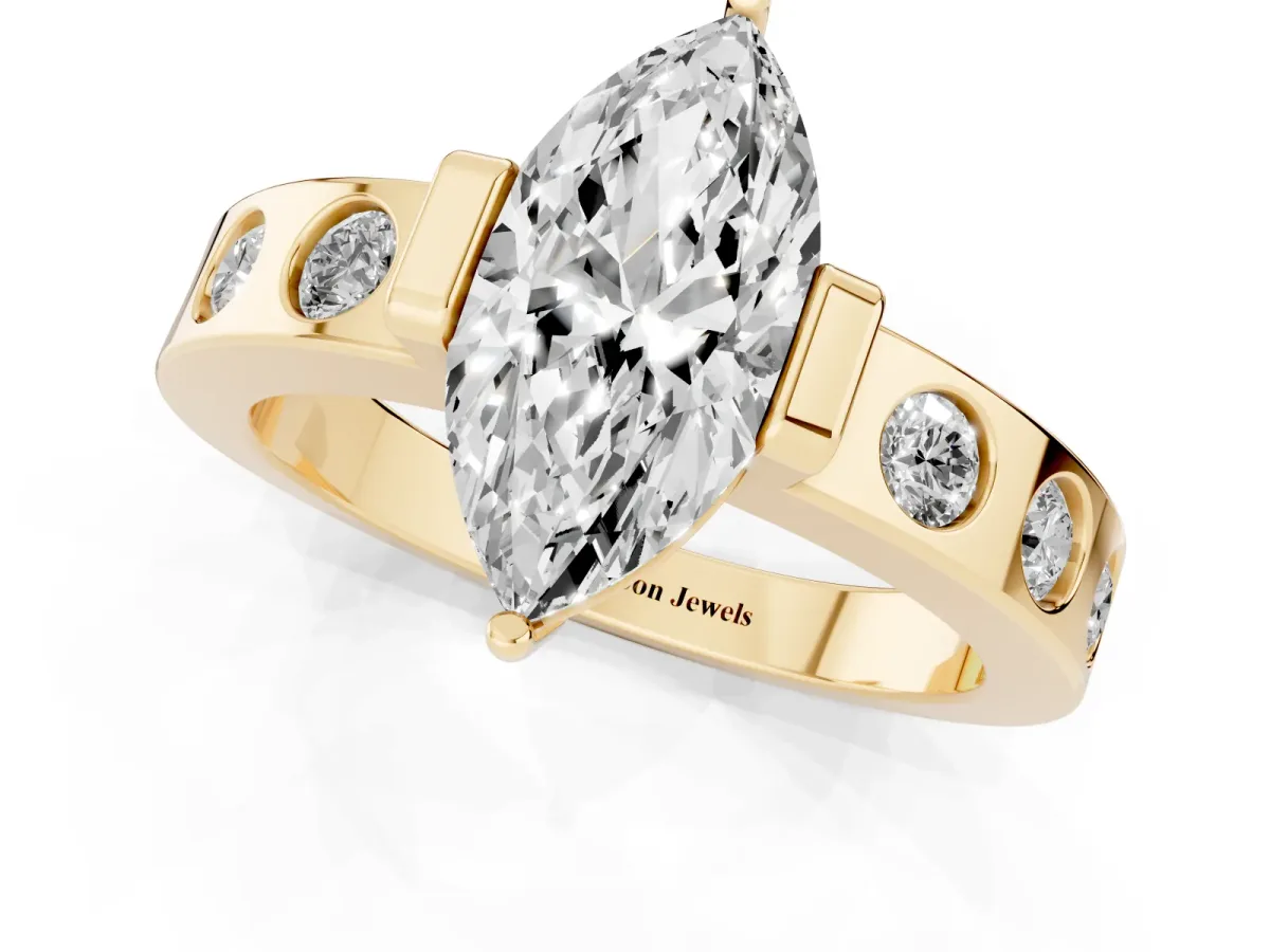Marquise Cut Brilliant Channel-Set Diamond Ring with Bezel Prong Setting Yellow gold