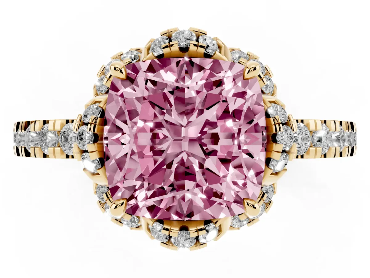 Fancy Pink Cushion Cut Diamond Halo Pave Band with Four-Prong Setting Yellow gold