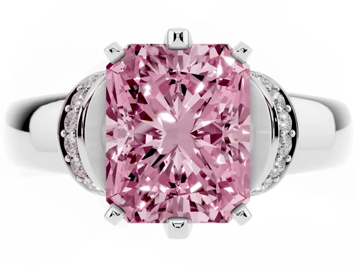 Fancy Pink Radiant Cut Solitaire Diamond Ring with Pave Band and Six-Prong Setting White gold
