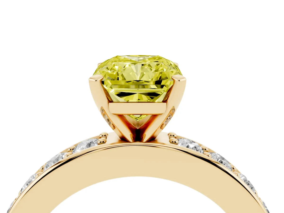 Fancy Yellow Radiant Cut Diamond Engagement Ring with Channel Set Round Band and Prong Setting Yellow gold