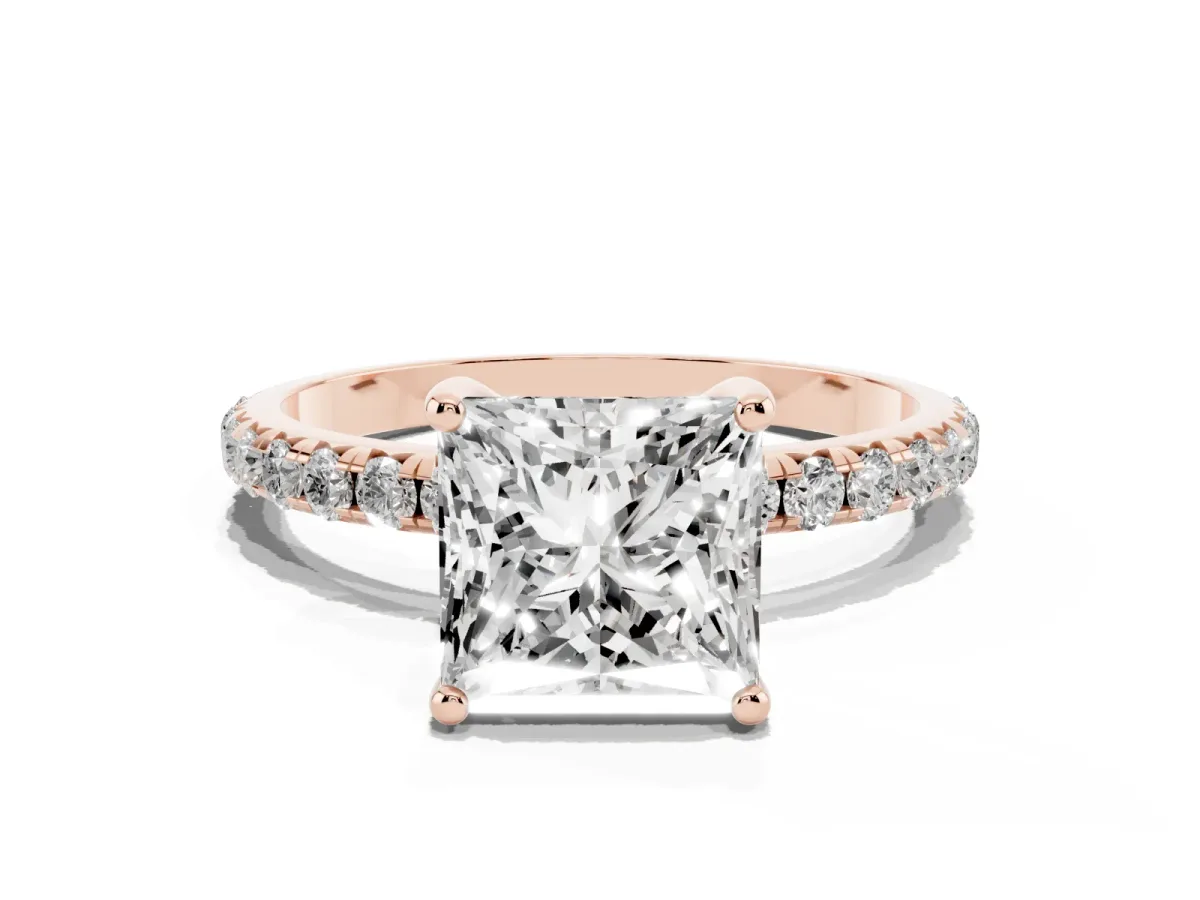 Princess Cut Cut Diamond Solitaire Ring with Micro Pave Band and Four Prong Setting Rose gold