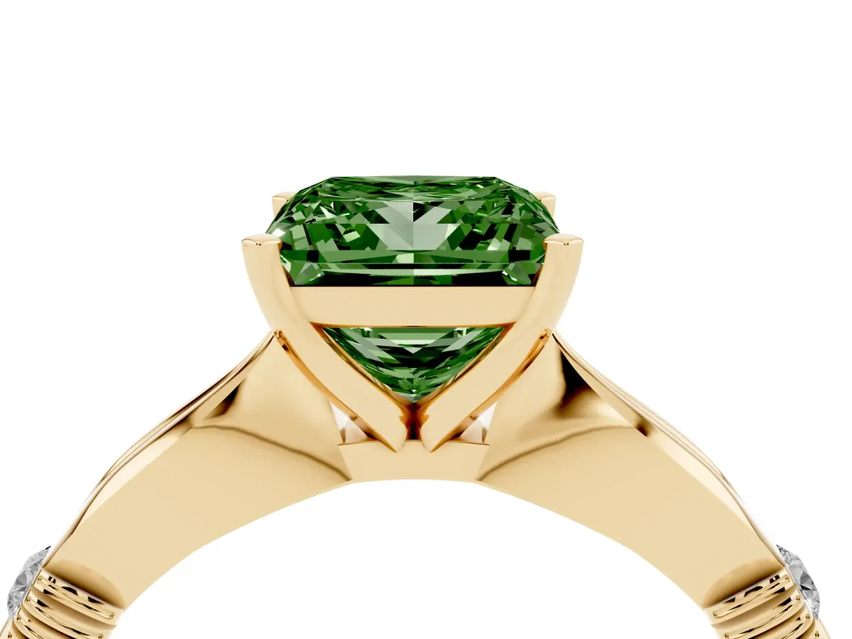Fancy Green Princess Cut Solitaire Diamond Twisted Band with Four-Prong Setting Yellow gold